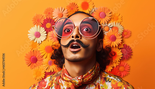 portrait of an admiring man wearing pink sunglasses and surrounded by flowers