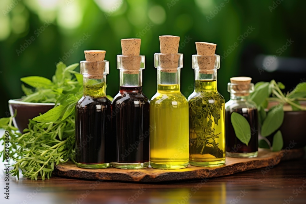 ayurvedic oils in glass bottles with background of greens ayurvedic oils in glass bottles with background of greens