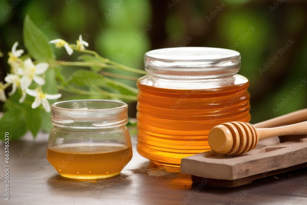 honey jar next to ayurvedic plants