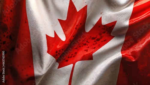Canada's blood-stained flag waving in the wind, with ripples in the fabric photo
