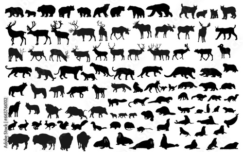 North forest  fields and sea animal silhouettes set. More than 100 silhouettes. Vector illustration.