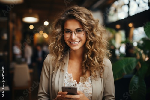 Portrait of blond European woman with a smartphone in her hands