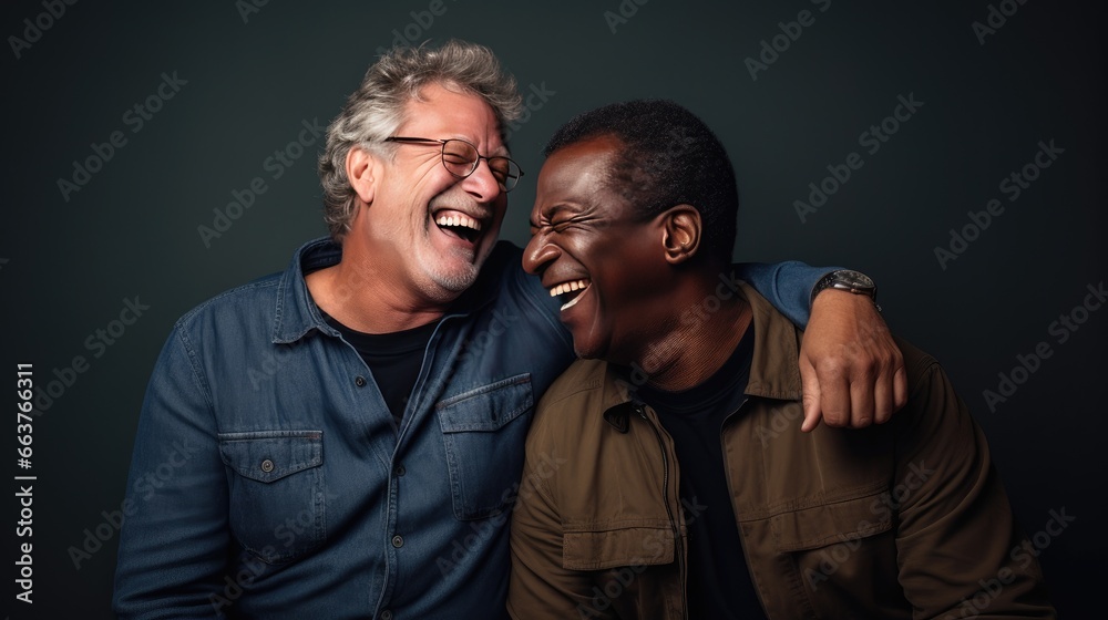 Portrait of Happy Couple of Mature Men Hugging with Feeling. Elderly females Enjoying Freedom and Relax.