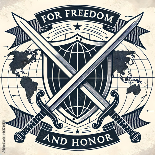 World Map Backdrop with Shield, Crossed Swords, and 'For Freedom and Honor' Phrase