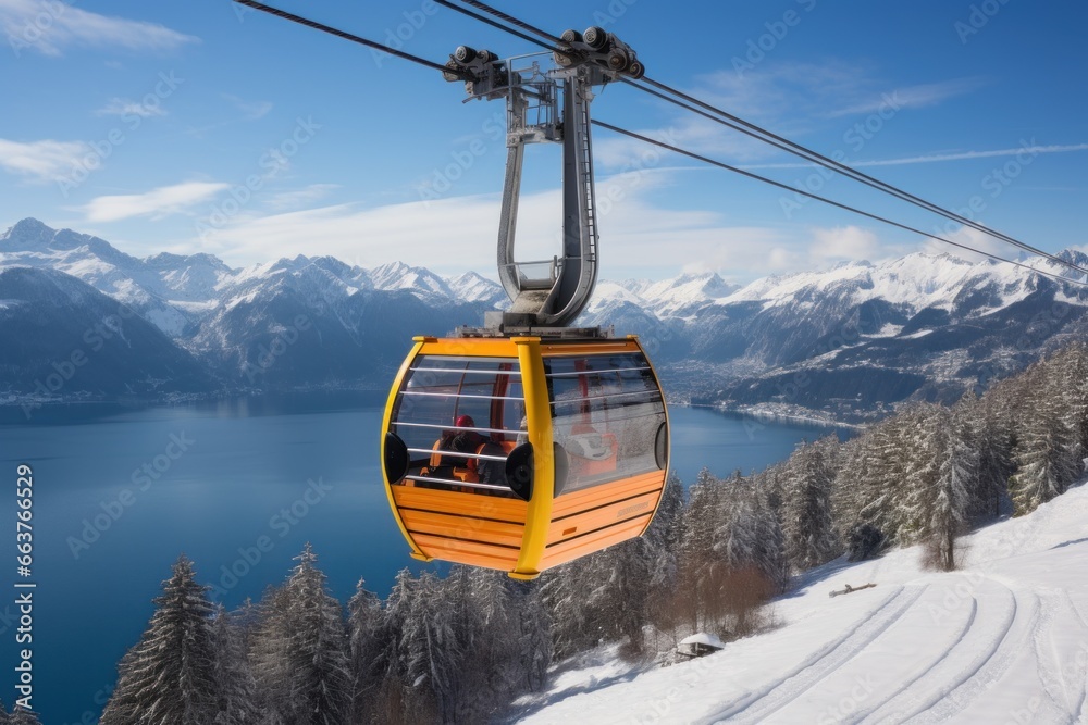 Obraz premium Photo of enjoying a cable car ride high above the snowy landscape