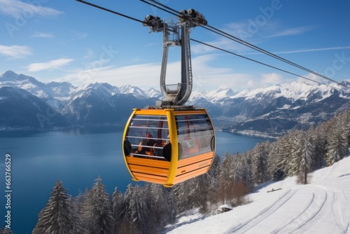 Photo of enjoying a cable car ride high above the snowy landscape