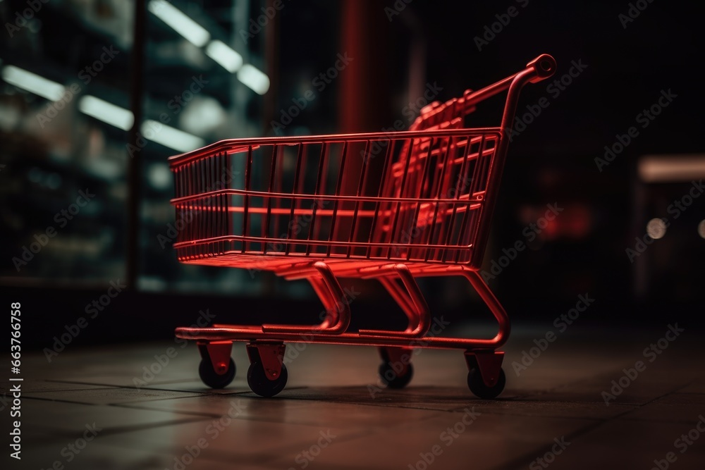 A single red shopping cart with a supermarket on the background, symbolizing the excitement of shopping during the sales.