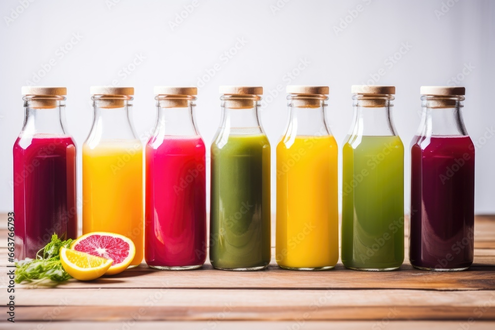 group of rainbow-colored juices in clear glass bottles group of rainbow-colored juices in clear glass bottles