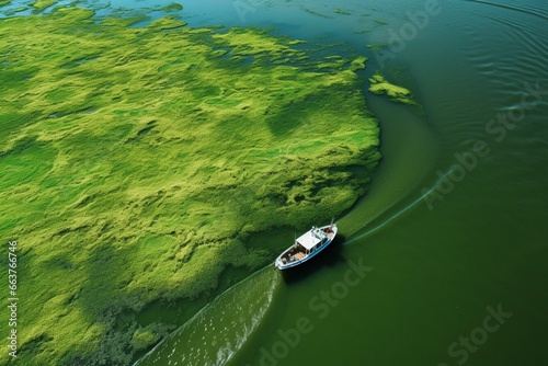 Aerial view of fishing boat on green water with algae bloom in river. Generative AI