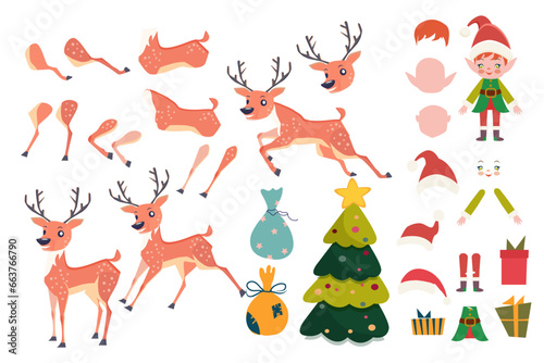 Flat Reindeer Rudolf and Elf characters constructor  moving arms and legs  combination of hats and faces. Xmas tree with  presents  bag  cute elf. Vector illustration.