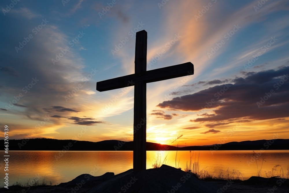 a wooden cross against a dramatic sunset backdrop