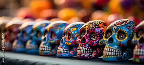 Colorful Decorated Skulls Celebrating Mexican Day of the Dead Festival AI generated 