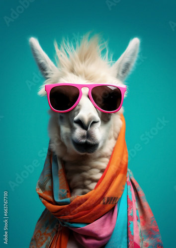 Cute stylish alpaca portrait of llama wearing glasses on blue background wearing glasses and scarf, fashion © VICHIZH