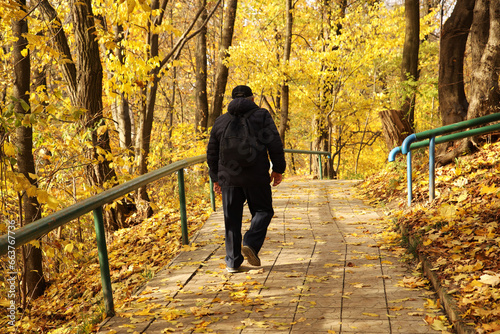 A man in dark clothes runs down the alley of a park with autumn yellow foliage. Rear view without face.