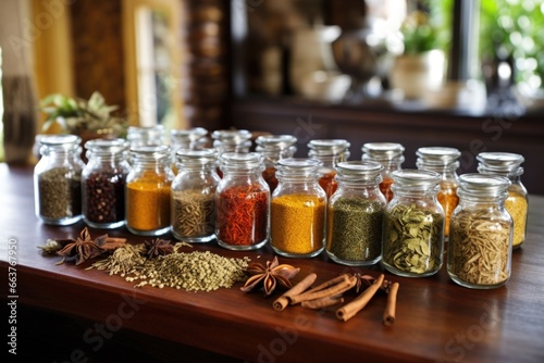 exotic spices arranged in glass jars on a table