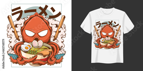 Vector Octopus Ramen Illustration T-shirt and Apparel Printing Design