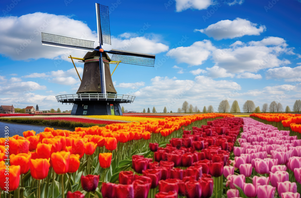 windmills with fields of colorful tulips