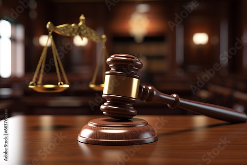 Close-up shot of the gavel on the judge's desk symbolizing court trials, justice, and legal decisions in the courtroom. The gavel and scales of justice representing law and justice concepts