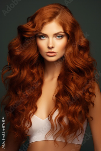 Redhead girl with long and shiny wavy red hair. Beautiful model with curly hairstyle