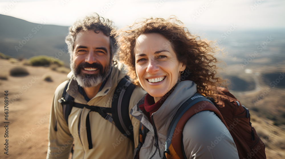 Happy senior mixed race couple hiking in a national park