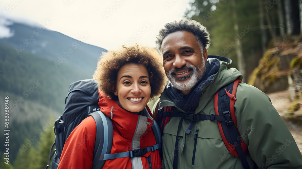 Happy senior african american couple hiking in a national park