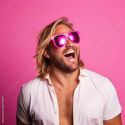 Face of happy overweight man looking at camera on pink studio background photo