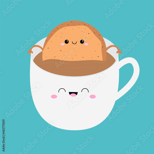 Cookie taking a bath in a coffee mug. Cookies and cup. Cute face set. Pink cheeks, eyes, mouth. Kawaii funny food character. Smiling tasty snack. Flat design. Blue background. Isolated. photo