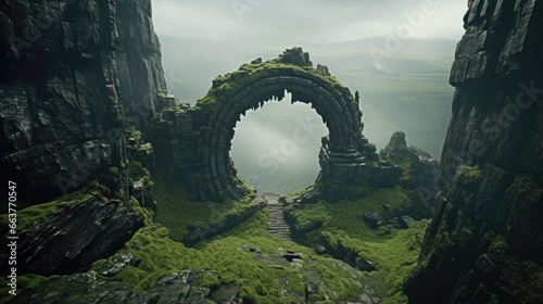 Ancient round stone portal gateway, monolithic ruins structure undiscovered for millennia, situated in remote misty mountains, fantasy dimensional rift going to unknown worlds. 
