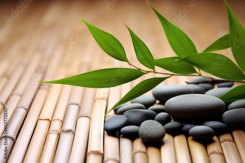 a bamboo plant on a wooden surface with smooth, vibrant pebbles