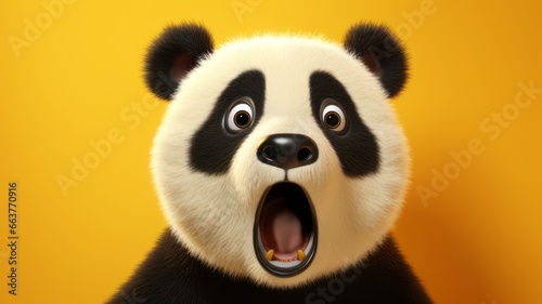 Startled Panda with Enormous Eyes in Isolation on Vibrant Yellow Background