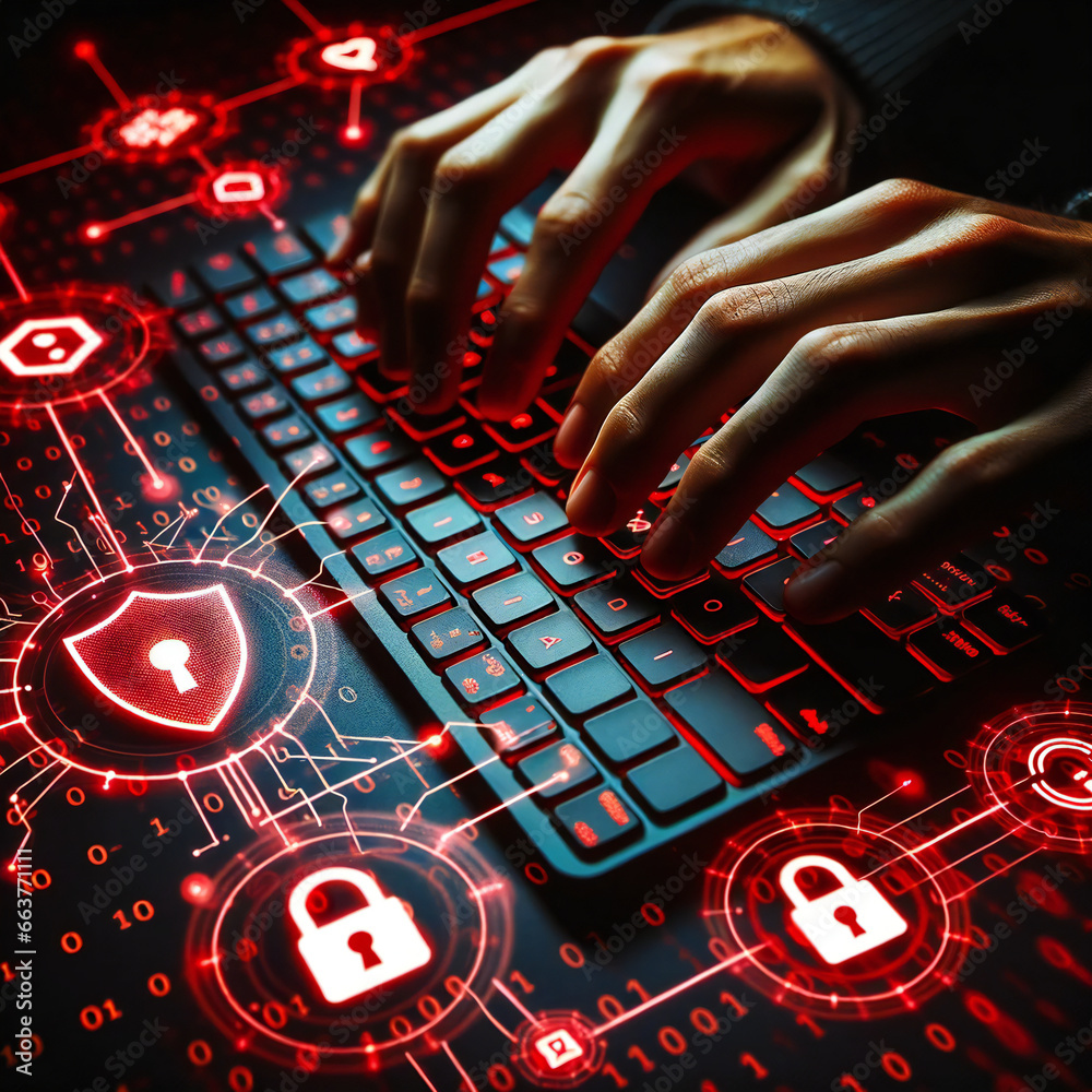 Fototapeta premium Man typing on keyboard. Hacking, Cyber Security and Data Protection activity. Red icons.