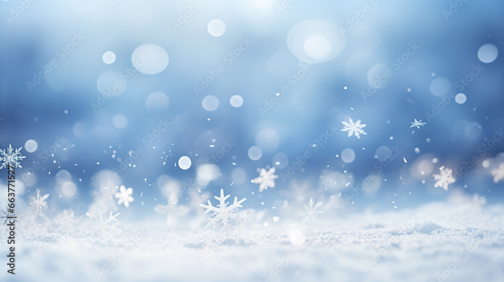 Winter background with snowflakes closeup and copy space. AI