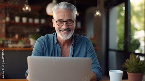 Smiling senior caucasian man with laptop working at home office. AI 