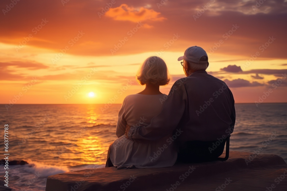 silhouette of senior couple looking at sunset by the beach