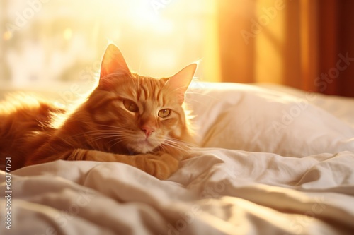 orange cat lying on the bed in the morning light