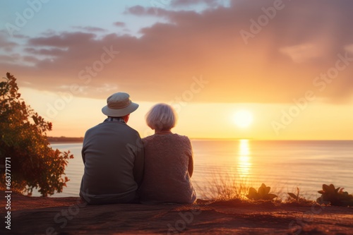 senior couple looking at sunset on vacation. Happy retirement and long marriage concept. photo