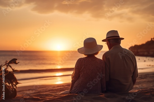 senior couple from behind looking at sunset over the sea