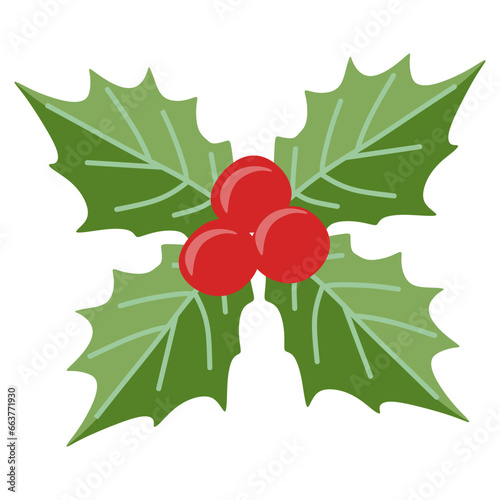 Holly berry and leaves Christmas symbol. Vector Flat Botany illustration. Seasonal December Holiday decoration in cartoon style. Color template for Postcard, Sticker, Banner, Card.