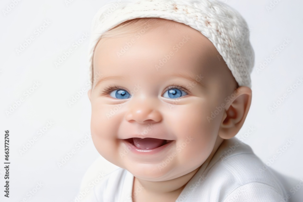 Beautiful sweetheart happy cute smiling baby girl with blue eyes on light background. Generative AI Beautiful sweetheart happy cute smiling baby girl with blue eyes on light background. Generative AI