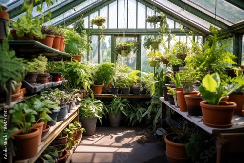 greenhouse filled with various potted plants