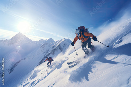 Two skiers skiing on a snowy slopeon a sunny day