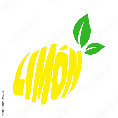 Logo con letras palabra limón en español con texto manuscrito con forma de limón con hojas