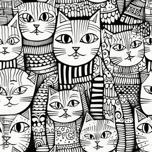 Cat zentangle doodle black and white monochrome repeat pattern
