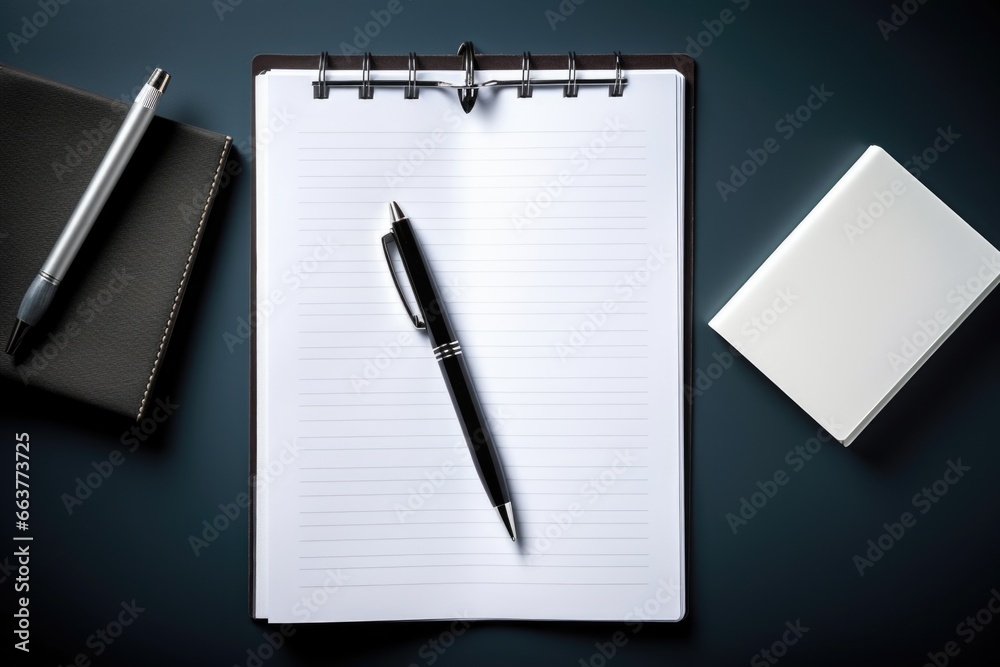 Desktop interior, blank notepad with pen on a dark tabletop.