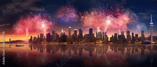 a city skyline brilliantly illuminated by a myriad of fireworks explosions