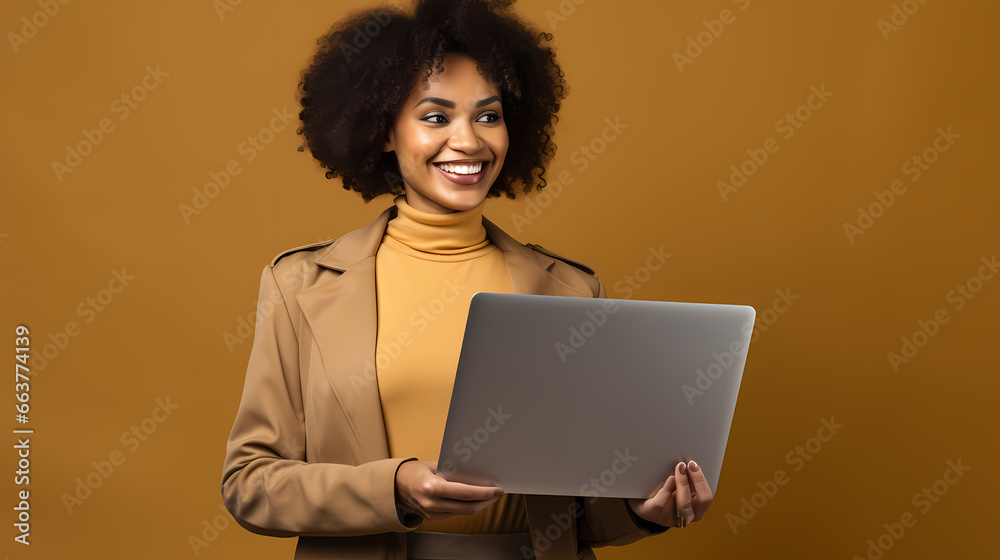 a smiling woman using a laptop computer, basic background a smiling woman using a laptop computer, basic background
