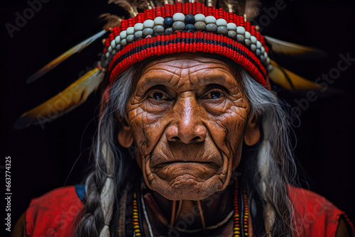 Senior Amerindian Wearing Traditional Clothing And Headwear. Native Indigenous American Indian Man Portrait. Ai Generated
 photo