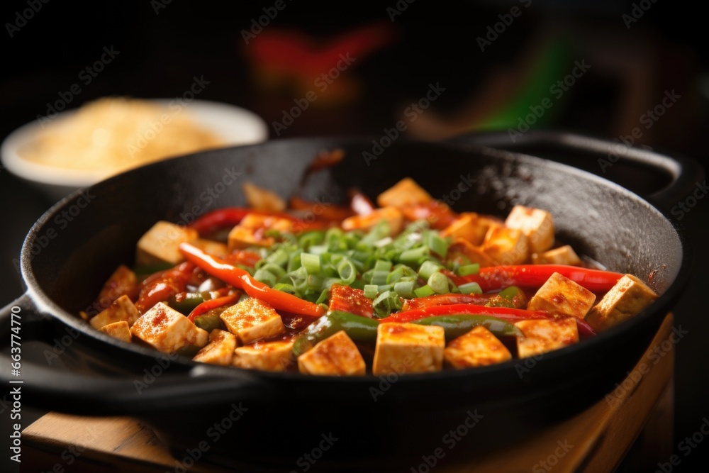 close-up of a hot pan sizzling with tofu close-up of a hot pan sizzling with tofu