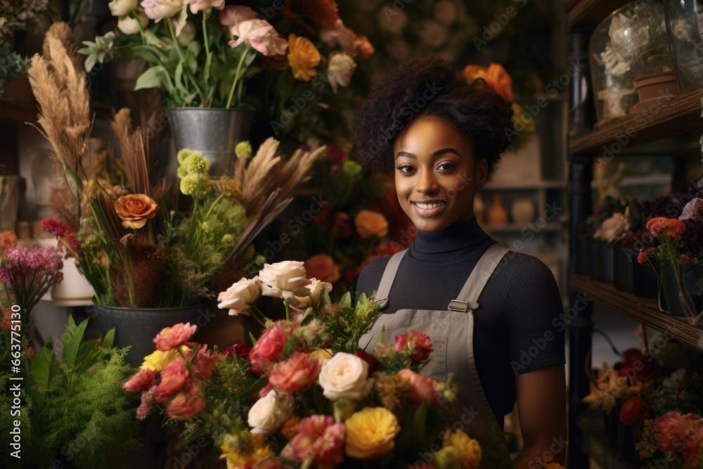 A black female florist in the workplace smiles with flowers.