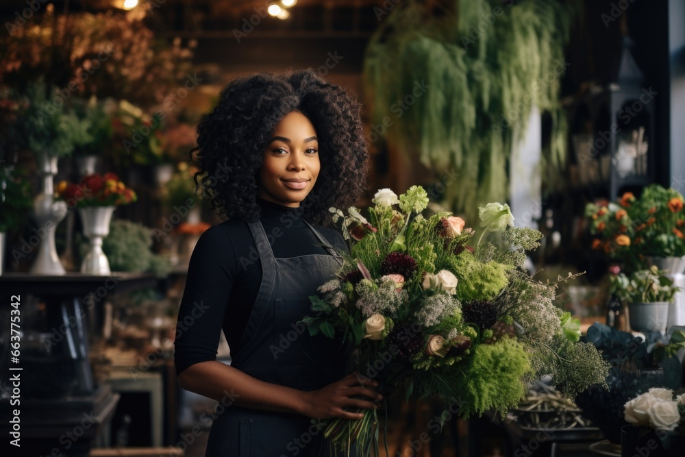 A black female florist in the workplace smiles with flowers. A black female florist in the workplace smiles with flowers.